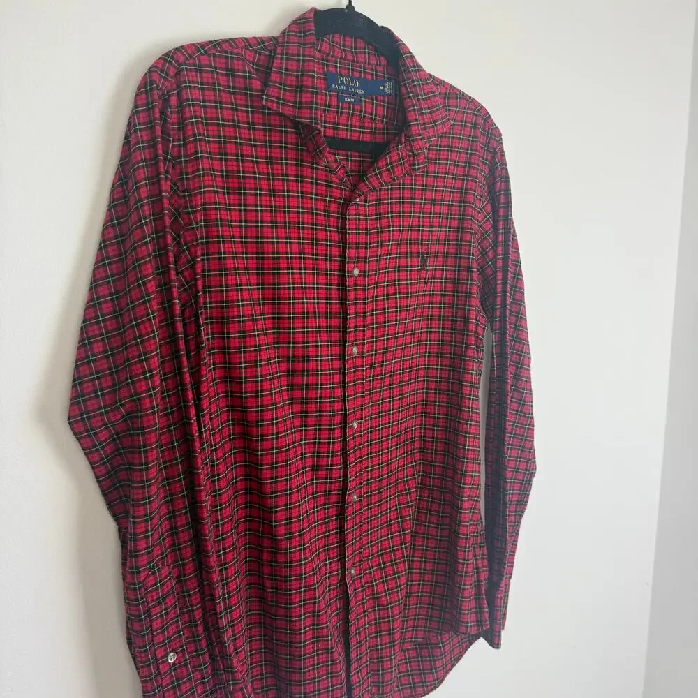 Polo Ralph Lauren Mens Slim Button-Up Long Sleeve Red/Black Plaid Shirt Medium